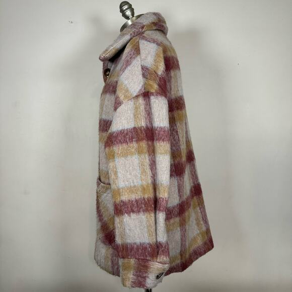 Cyrus Brushed Plaid Button Jacket Shacket Camel Burgundy Statement Maker Women M - Picture 3 of 8